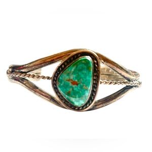 Vtg Native American Navajo Silver Large Blue Green Turquoise Open Cuff Bracelet